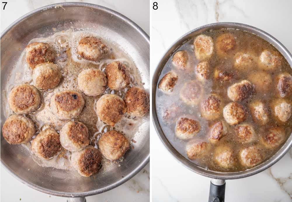Meatballs are being fried in a pan. Meatballs are being simmered in broth in a pan.