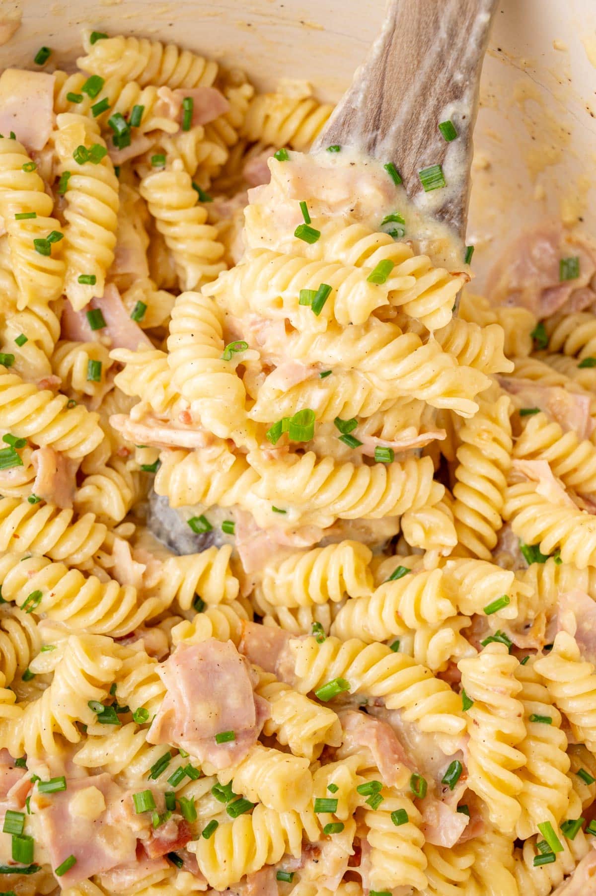 A close up photo of German Schinkennudeln in a white pot.