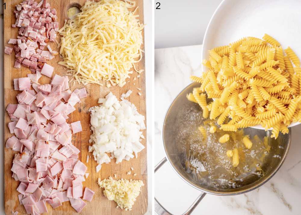 Chopped ingredients on a wooden board. Pasta is being added to a pot with boiling water.