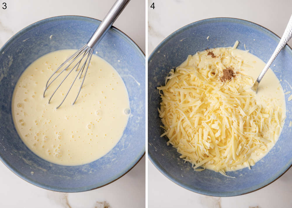 Cream-egg sauce in a blue bowl. Grated cheese added to a bowl with creamy sauce.