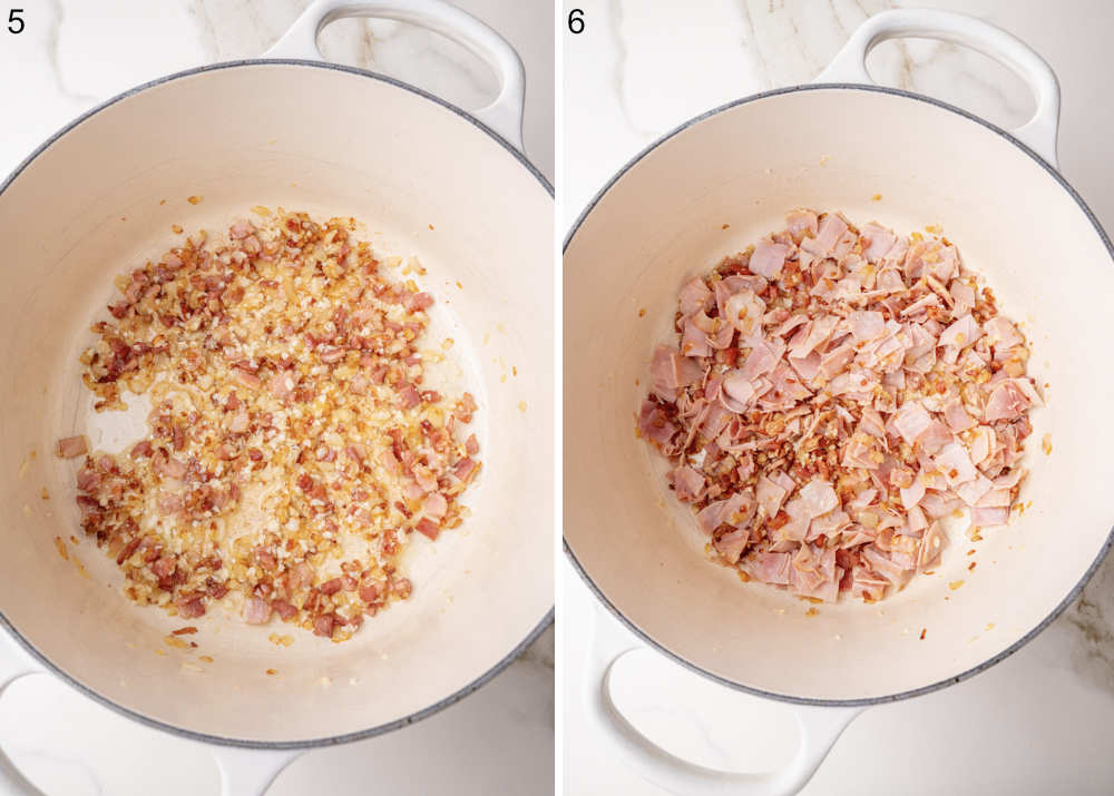 Cooked onion, bacon, and ham in a white pot.