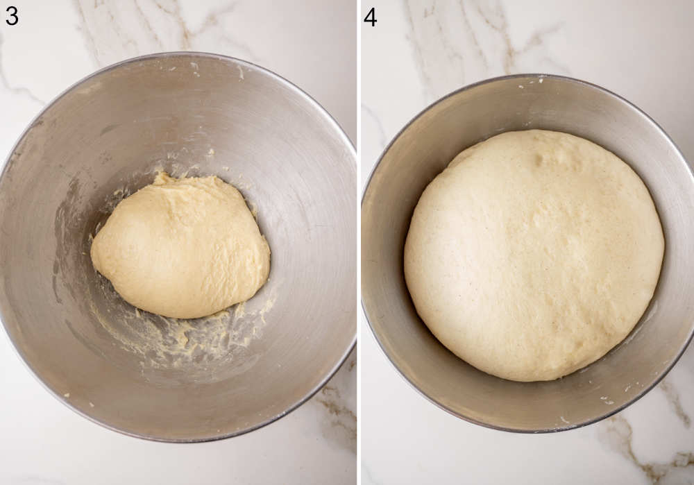 Yeast dough in a metal bowl.