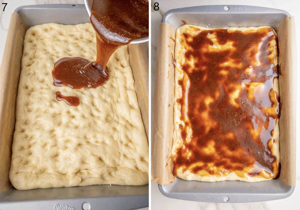 Brown sugar butter topping is being poured over a yeast dough in a baking pan.