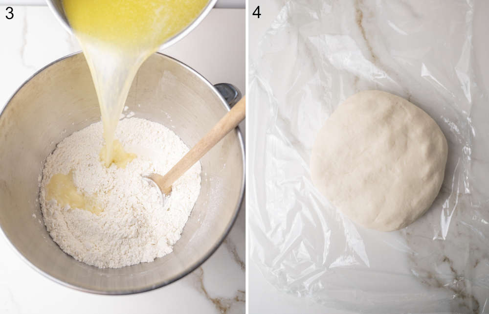 Melted butter with water is being added to a pot with flour. Pierogi dough ball on a piece of plastic foil.