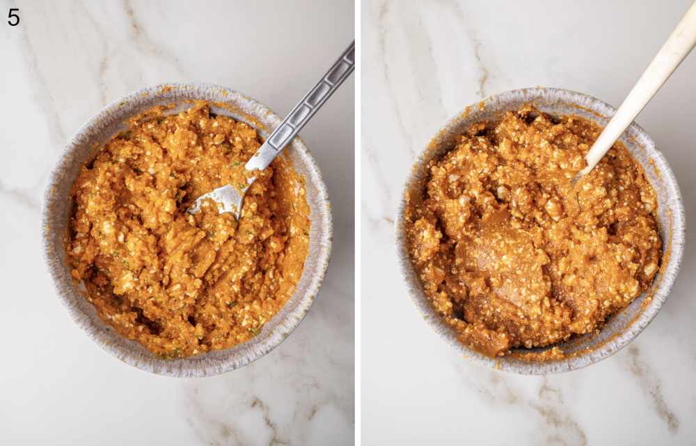 Two bowls with pumpkin pierogi filling.