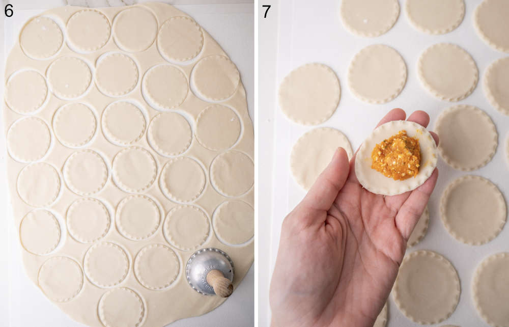 Rolled out pierogi dough with cut out rounds. A dough round with a pumpkin filling held in a hand.
