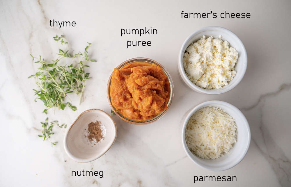 Labeled ingredients for savory pierogi pumpkin filling.