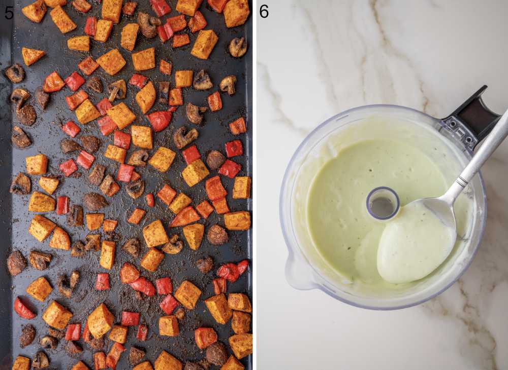 Roasted sweet potatoes with bell pepper, and mushrooms on a baking sheet. Yogurt avocado sauce in a food processor.