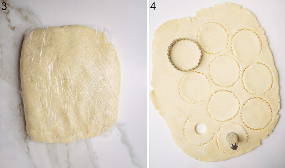 Cookie dough wrapped in plastic foil. Rolled out cookie dough with cut out cookie shapes.