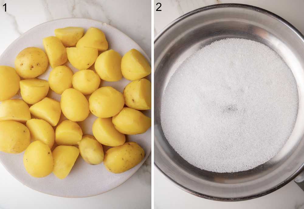 Boiled and peeled potatoes on a plate. Sugar in a pan.