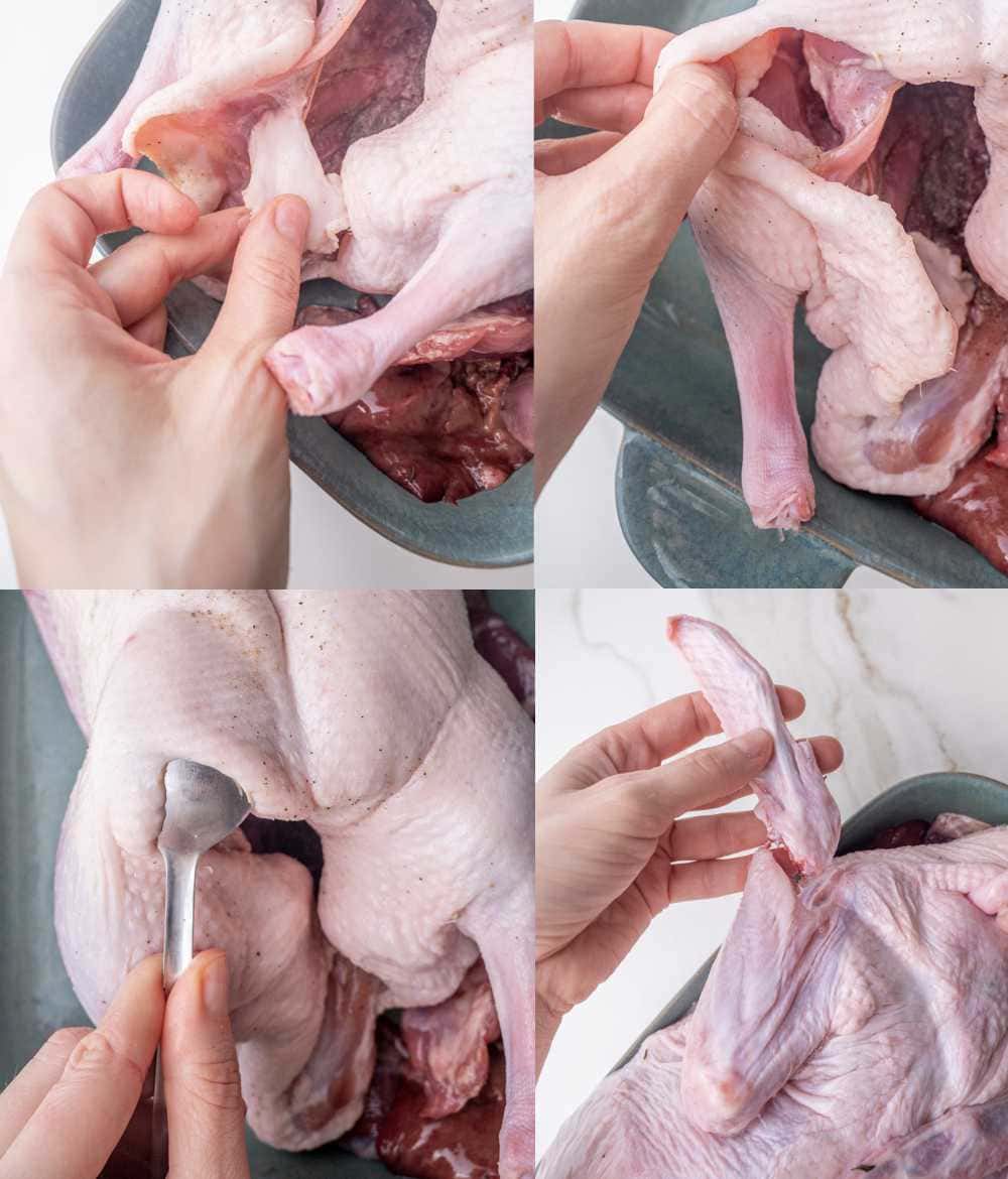 A collage of 4 photos showing how to prepare a duck for roasting.