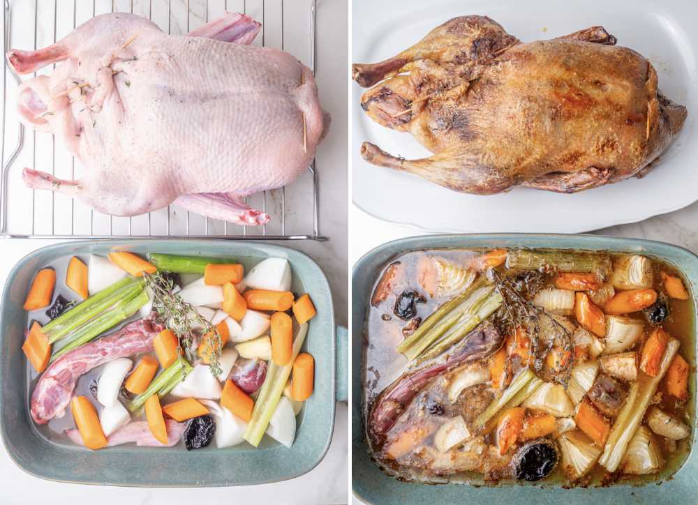 A stuffed duck ready to be roasted. Vegetables and duck neck in a baking dish. Roasted duck on a white plate.