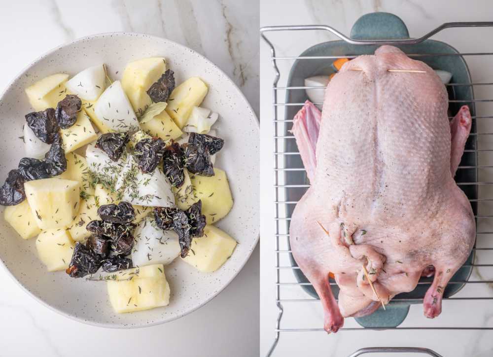 Duck stuffing in a bowl. Stuffed duck on a wire rack.