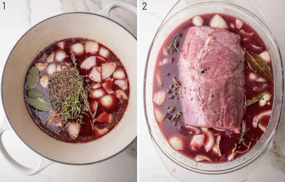 Marinade for Sauerbraten in a white pot. Rump roast with the marinade in an oval baking dish.