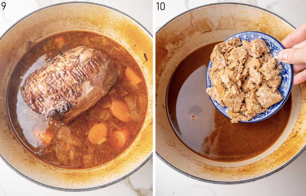 Braised meat in a pot. Gingerbread cookies are being added to a sauce in a pot.